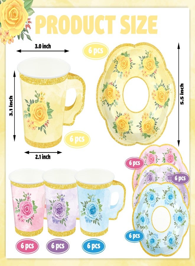 Fairooth 24 Sets Floral Paper Tea Cups and Saucers Disposable Tea Party Supplies Colorful Flower Teacups with Handle and Plates for Hot Cold Drink Wedding Birthday Party Baby Shower - Image 2
